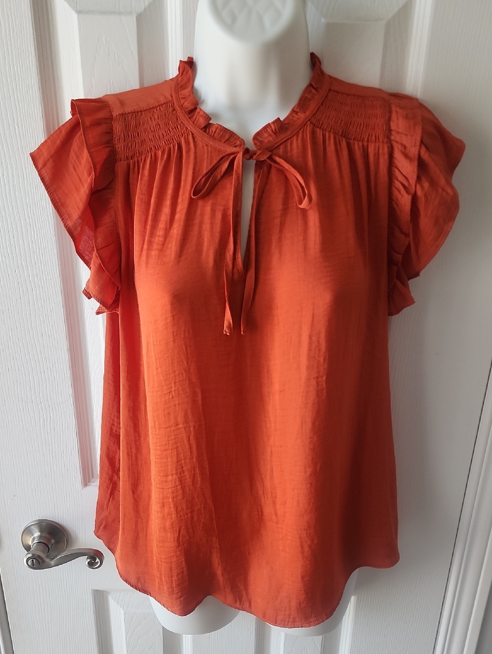 RACHEL Rachel Roy Orange Ruffle Sleeve Tie-Neck Blouse
